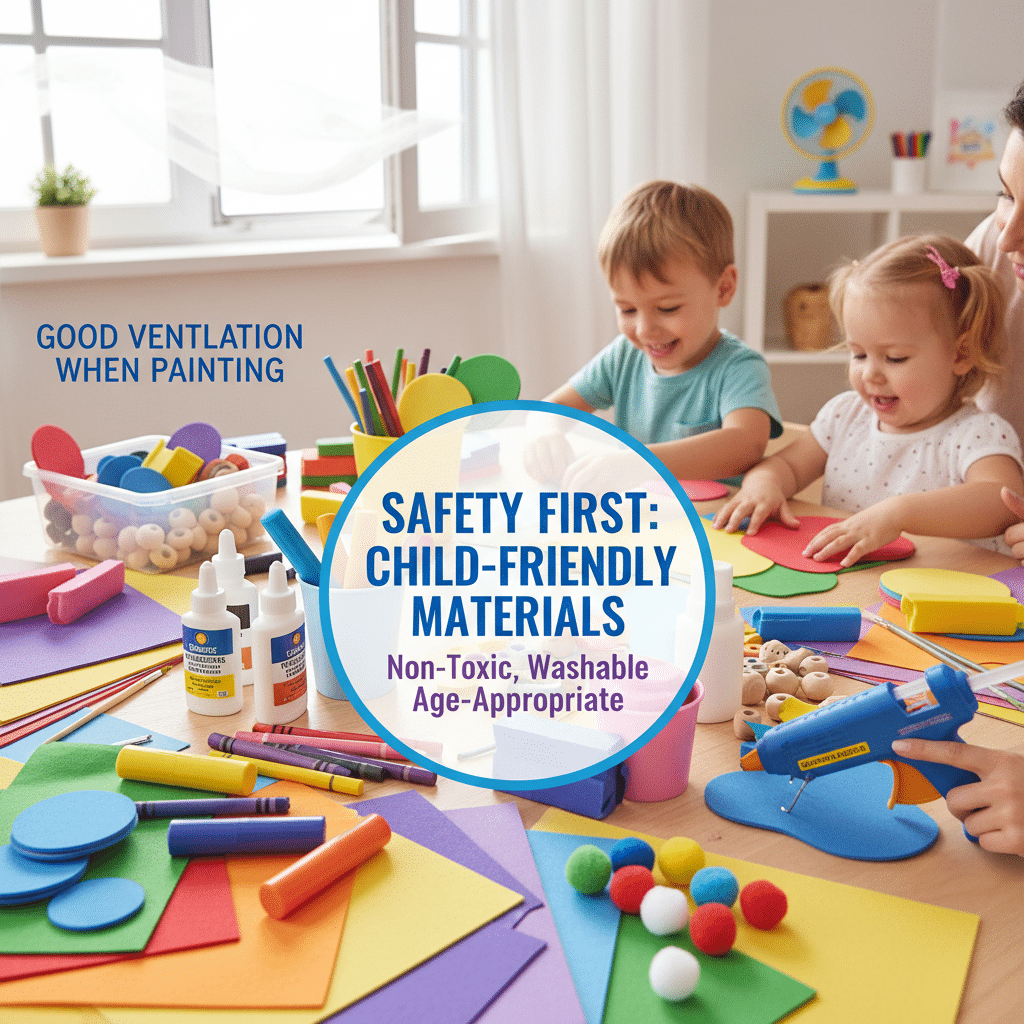 ai-photo-studio-1760282366134-2 Children crafting with safe, non-toxic materials. Bright colors, glue, paper. Emphasizing safety and ventilation. | Sky Rye Design Children crafting with safe, non-toxic materials. Bright colors, glue, paper. Emphasizing safety and ventilation.