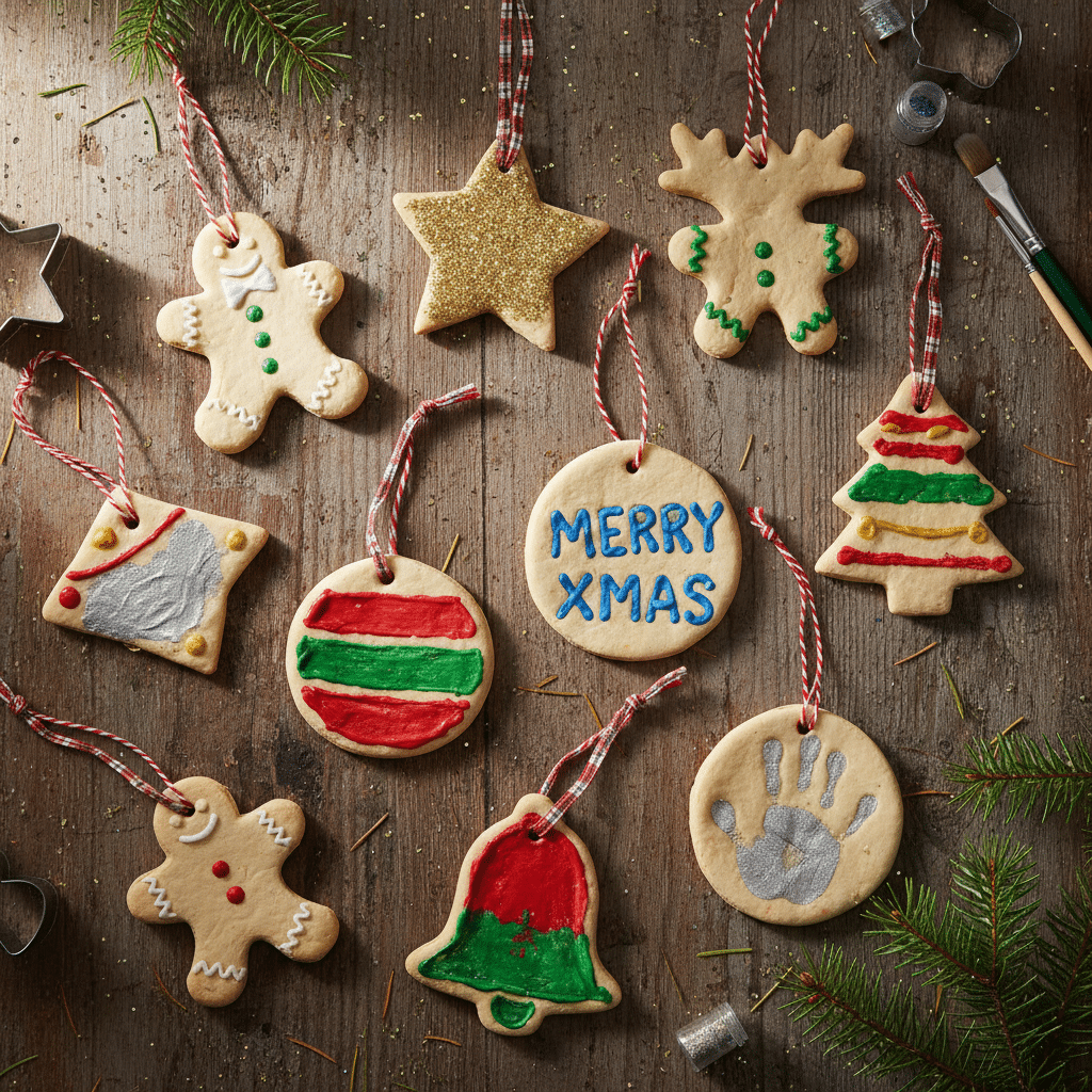 ai-photo-studio-1760282441926-1 Homemade salt dough Christmas ornaments on a wooden surface, featuring festive shapes and colorful decorations. | Sky Rye Design Homemade salt dough Christmas ornaments on a wooden surface, featuring festive shapes and colorful decorations.