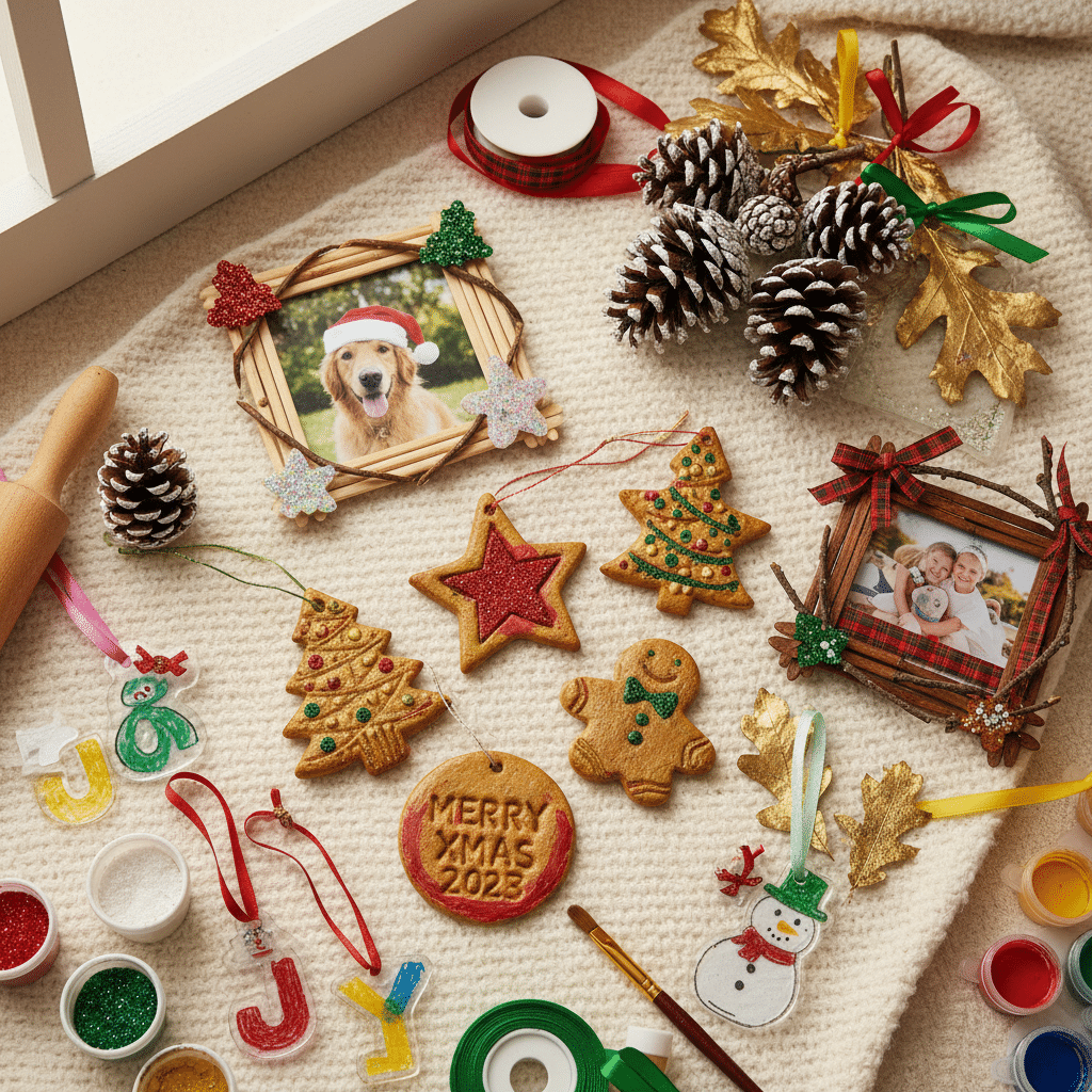 ai-photo-studio-1760282443707-2 Festive Christmas crafts and ornaments with photos, pinecones, and Merry Xmas 2023 cookie on a cozy background. | Sky Rye Design Festive Christmas crafts and ornaments with photos, pinecones, and Merry Xmas 2023 cookie on a cozy background.