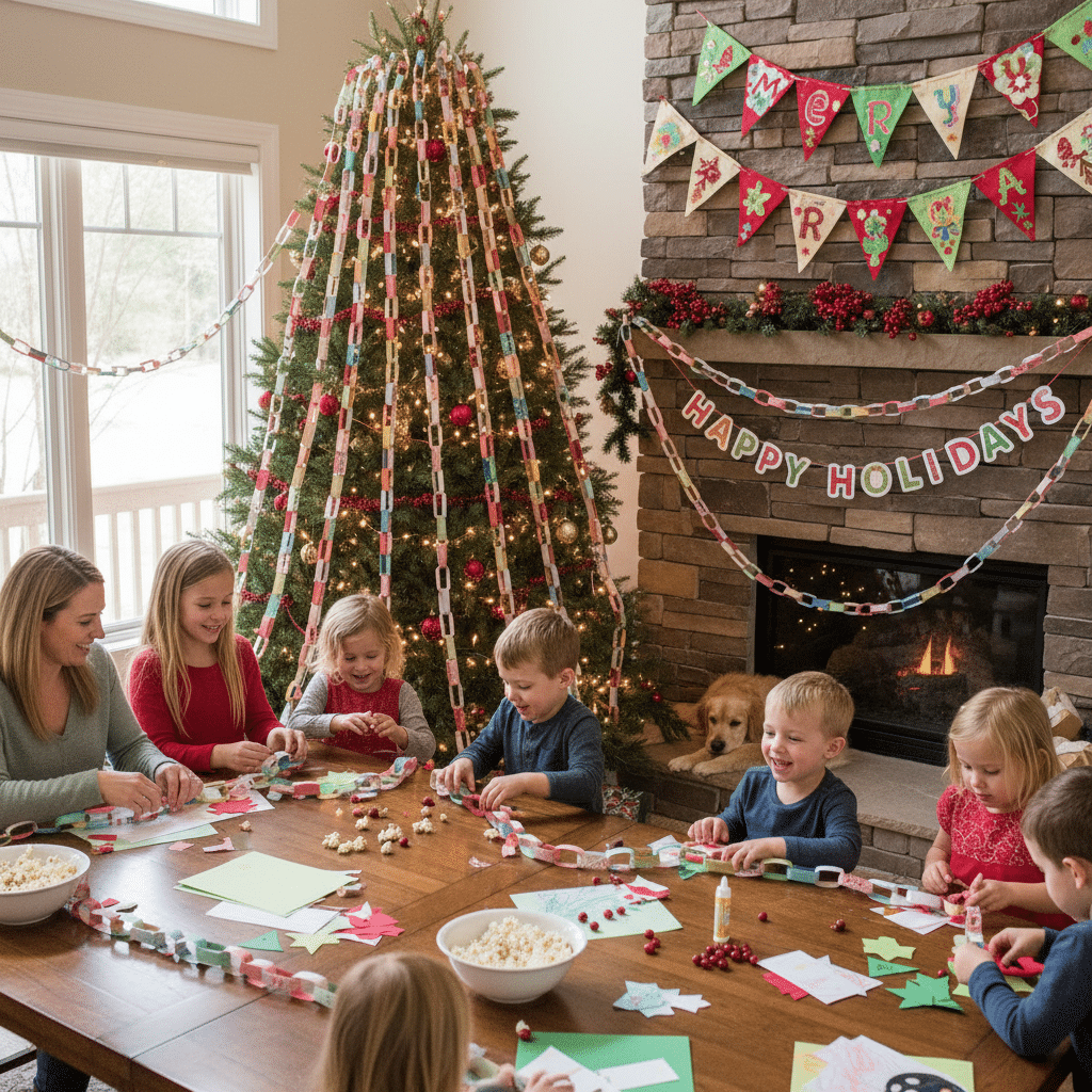 ai-photo-studio-1760282482709-1 Children making festive crafts by the Christmas tree and fireplace decorated for the holidays. | Sky Rye Design Children making festive crafts by the Christmas tree and fireplace decorated for the holidays.