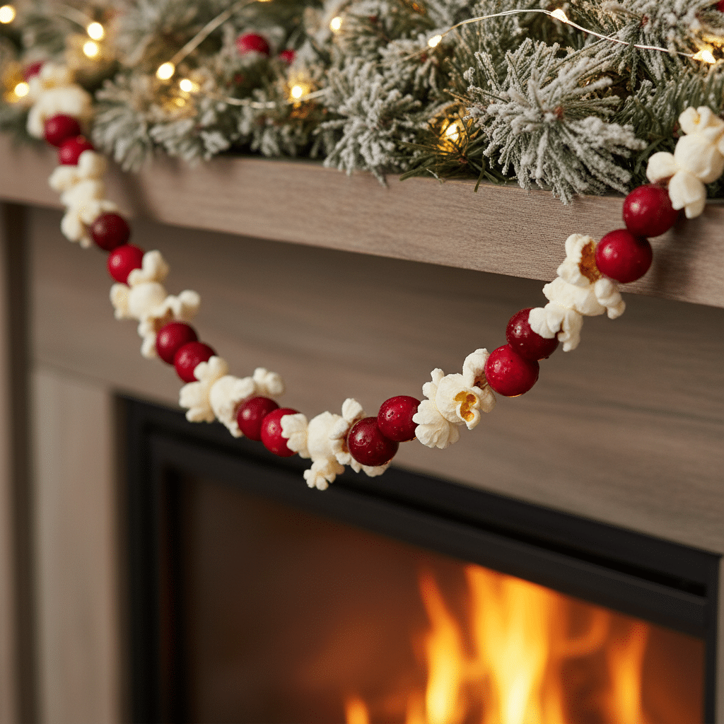 ai-photo-studio-1760282484385-2 Festive fireplace with popcorn and cranberry garland, evergreen decor, and glowing lights for cozy holiday ambiance. | Sky Rye Design Festive fireplace with popcorn and cranberry garland, evergreen decor, and glowing lights for cozy holiday ambiance.