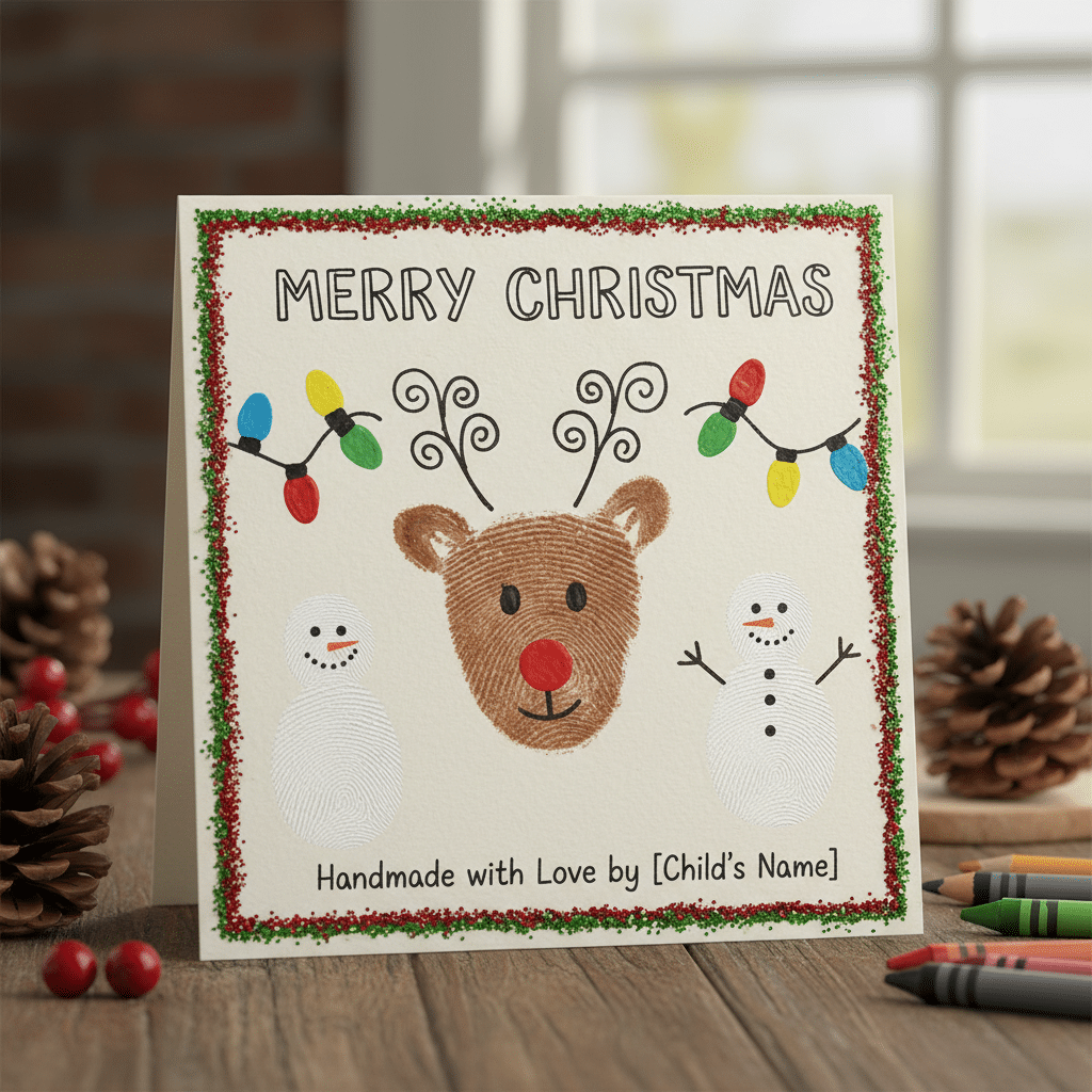 ai-photo-studio-1760282531503-1 Handmade Christmas card featuring a reindeer and snowmen with string lights, crafted with love by a child. | Sky Rye Design Handmade Christmas card featuring a reindeer and snowmen with string lights, crafted with love by a child.