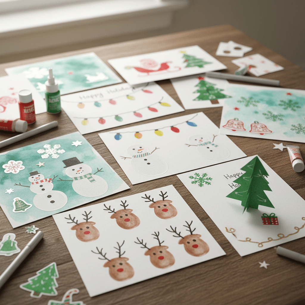 ai-photo-studio-1760282532718-2 Holiday-themed handmade cards on a wooden table, featuring snowmen, reindeer, and Christmas trees. | Sky Rye Design Holiday-themed handmade cards on a wooden table, featuring snowmen, reindeer, and Christmas trees.