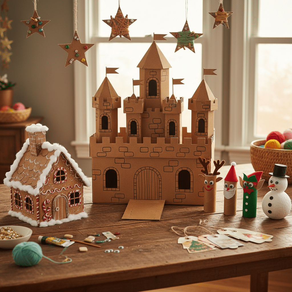 ai-photo-studio-1760282694238-1 Cardboard castle and gingerbread house crafts on a table with DIY holiday decorations and crafting supplies. | Sky Rye Design Cardboard castle and gingerbread house crafts on a table with DIY holiday decorations and crafting supplies.