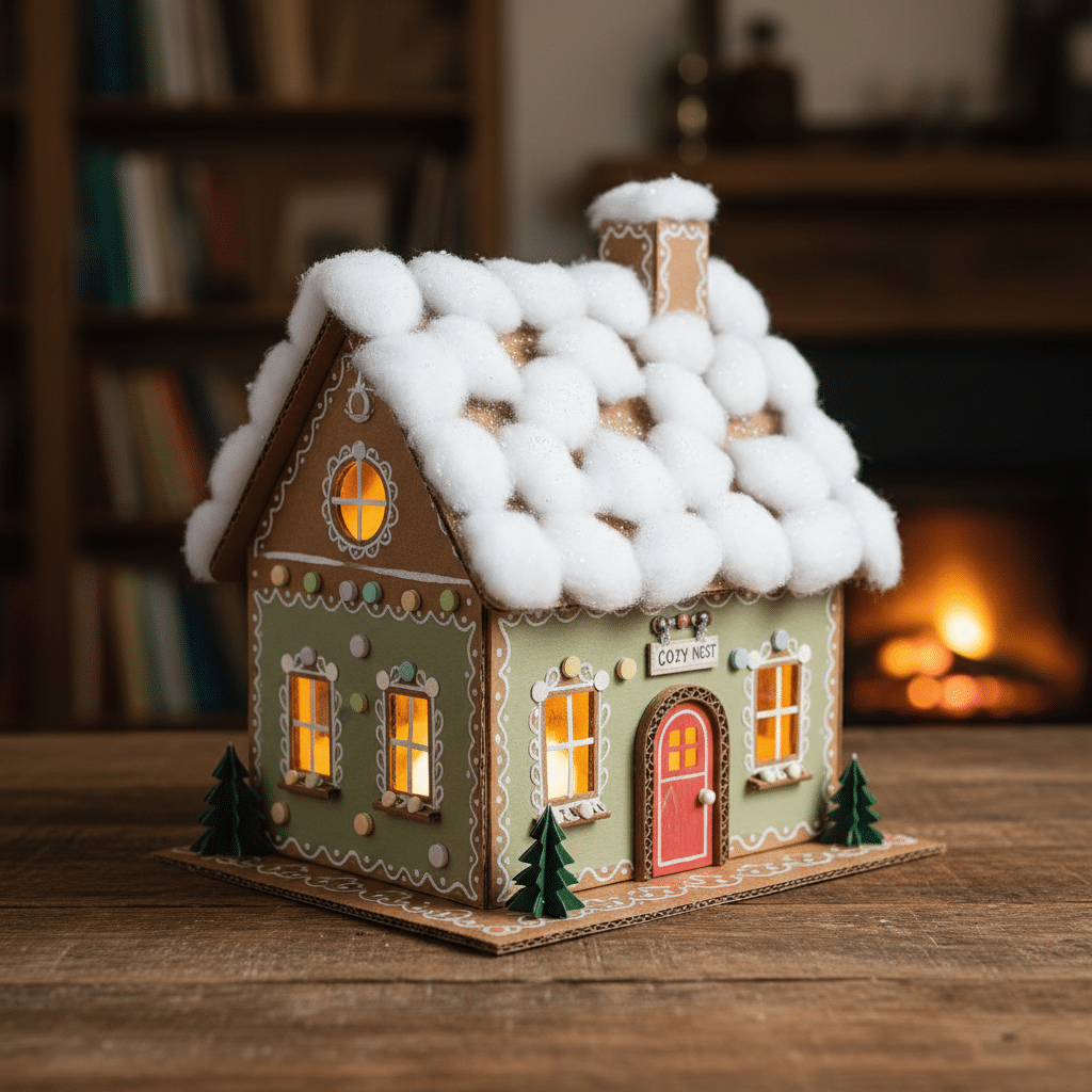 ai-photo-studio-1760282695754-2 Gingerbread house with snow frosting and lit windows, set on a wooden table with a warm fireplace backdrop. | Sky Rye Design Gingerbread house with snow frosting and lit windows, set on a wooden table with a warm fireplace backdrop.