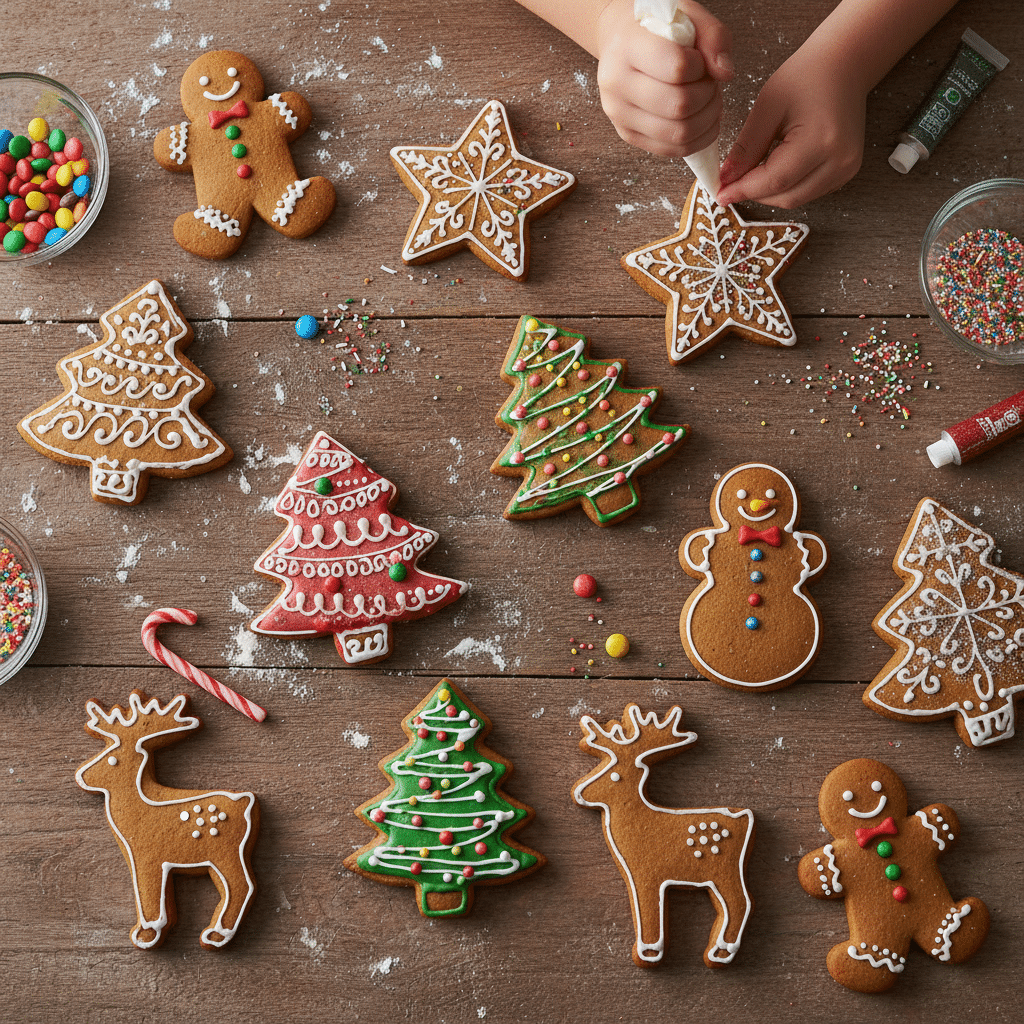 ai-photo-studio-1760282895663-1 Child decorates festive gingerbread cookies with icing and sprinkles on a rustic wooden table. | Sky Rye Design Child decorates festive gingerbread cookies with icing and sprinkles on a rustic wooden table.
