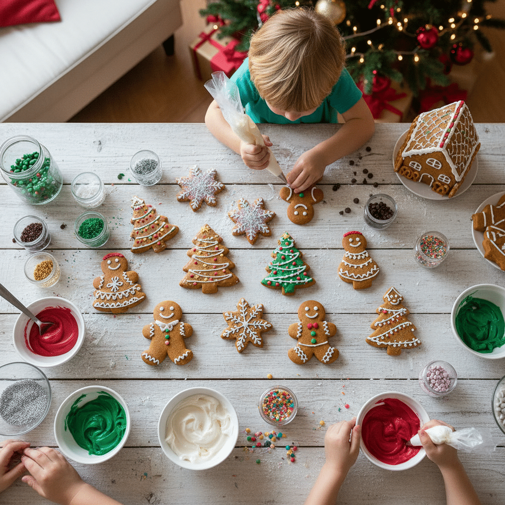 ai-photo-studio-1760282896908-2 Child decorating festive gingerbread cookies at home for Christmas, surrounded by colorful icing and toppings. | Sky Rye Design Child decorating festive gingerbread cookies at home for Christmas, surrounded by colorful icing and toppings.
