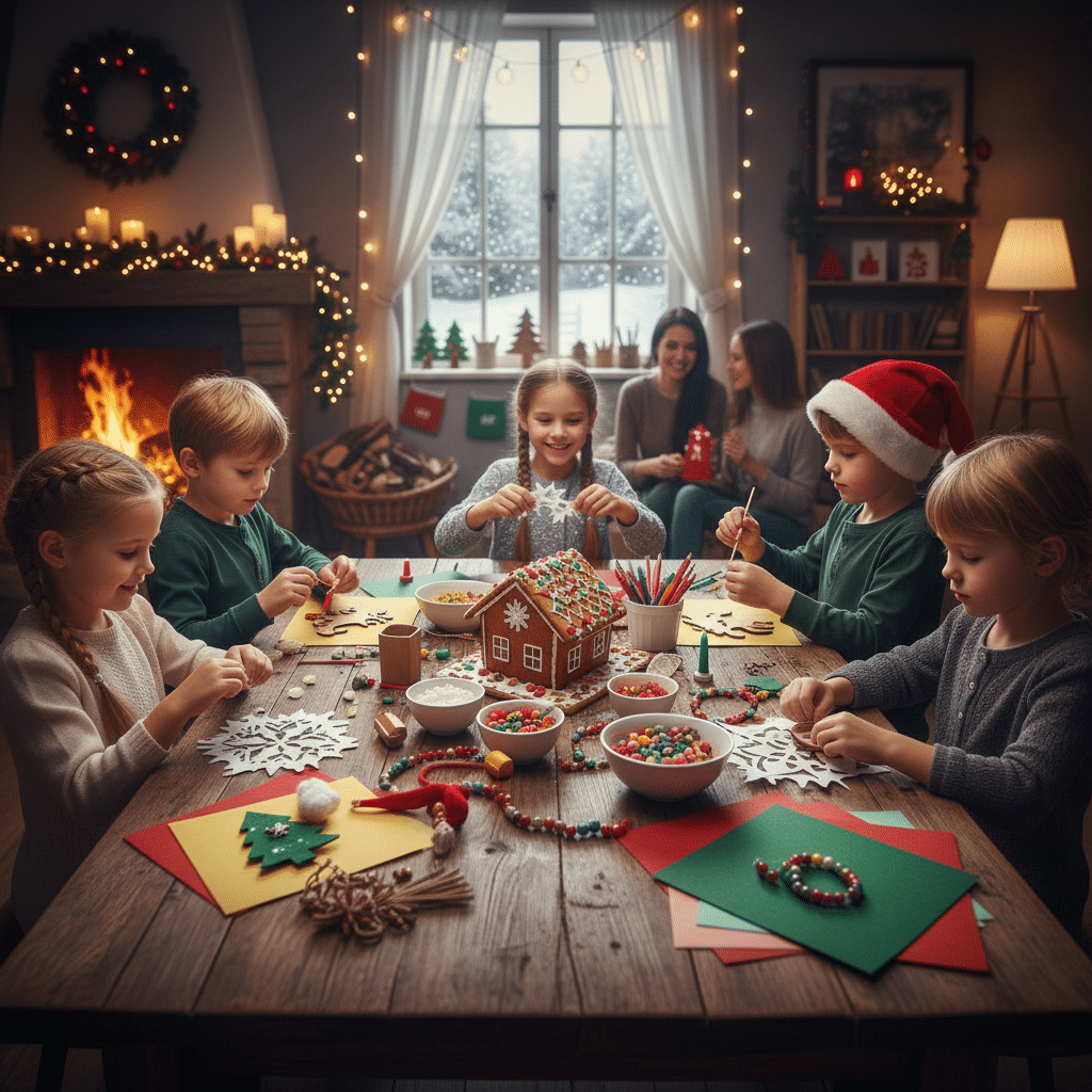 ai-photo-studio-1760285239478-1 Children making Christmas crafts around a table in a cozy festive room with a snow-covered window view. | Sky Rye Design Children making Christmas crafts around a table in a cozy festive room with a snow-covered window view. Christmas craft