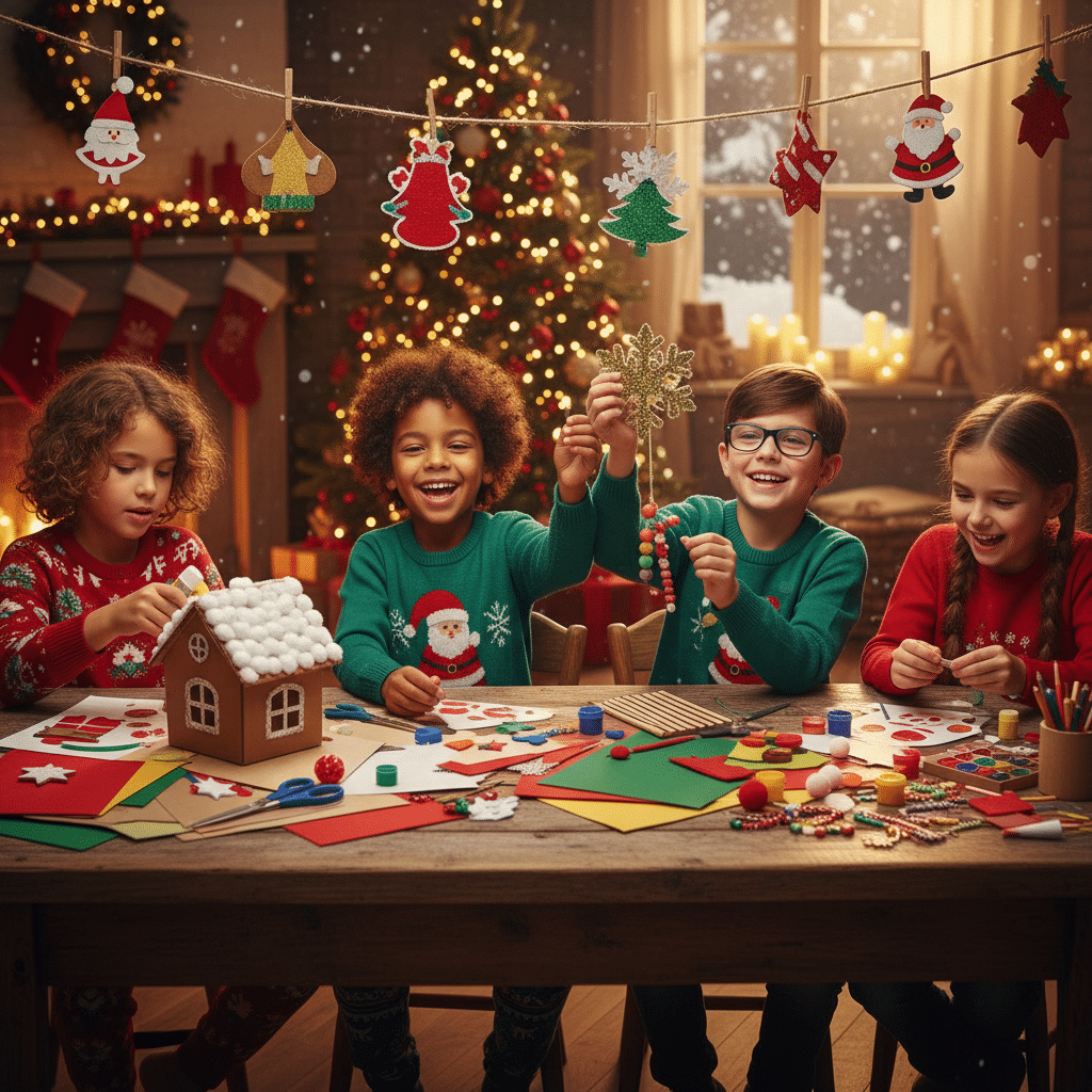 ai-photo-studio-1760285241013-2 Children crafting holiday decorations at a festive table, surrounded by Christmas decor and warm lights. | Sky Rye Design Children crafting holiday decorations at a festive table, surrounded by Christmas decor and warm lights.