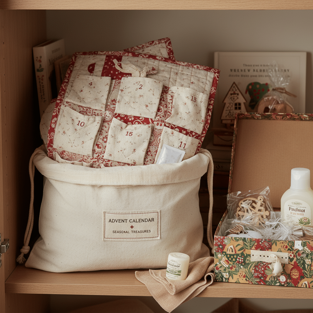 ai-photo-studio-1760298085569-2 Advent calendar basket with festive quilted fabric and holiday-themed items on a wooden shelf for seasonal decor. | Sky Rye Design Advent calendar basket with festive quilted fabric and holiday-themed items on a wooden shelf for seasonal decor.