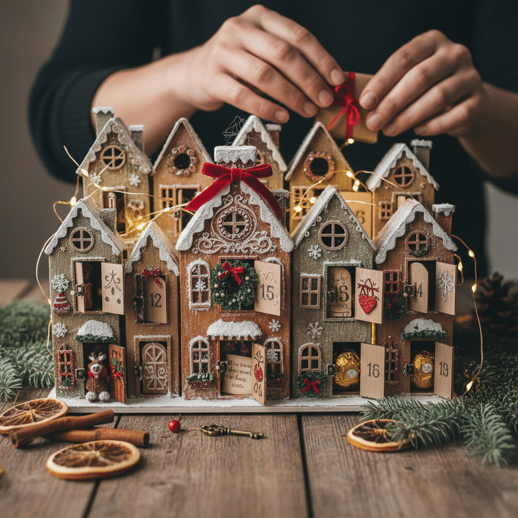 ai-photo-studio-1760298221562-1 Hands arranging decorations on a festive, handmade advent calendar with lights and numbered doors. | Sky Rye Design Hands arranging decorations on a festive, handmade advent calendar with lights and numbered doors.