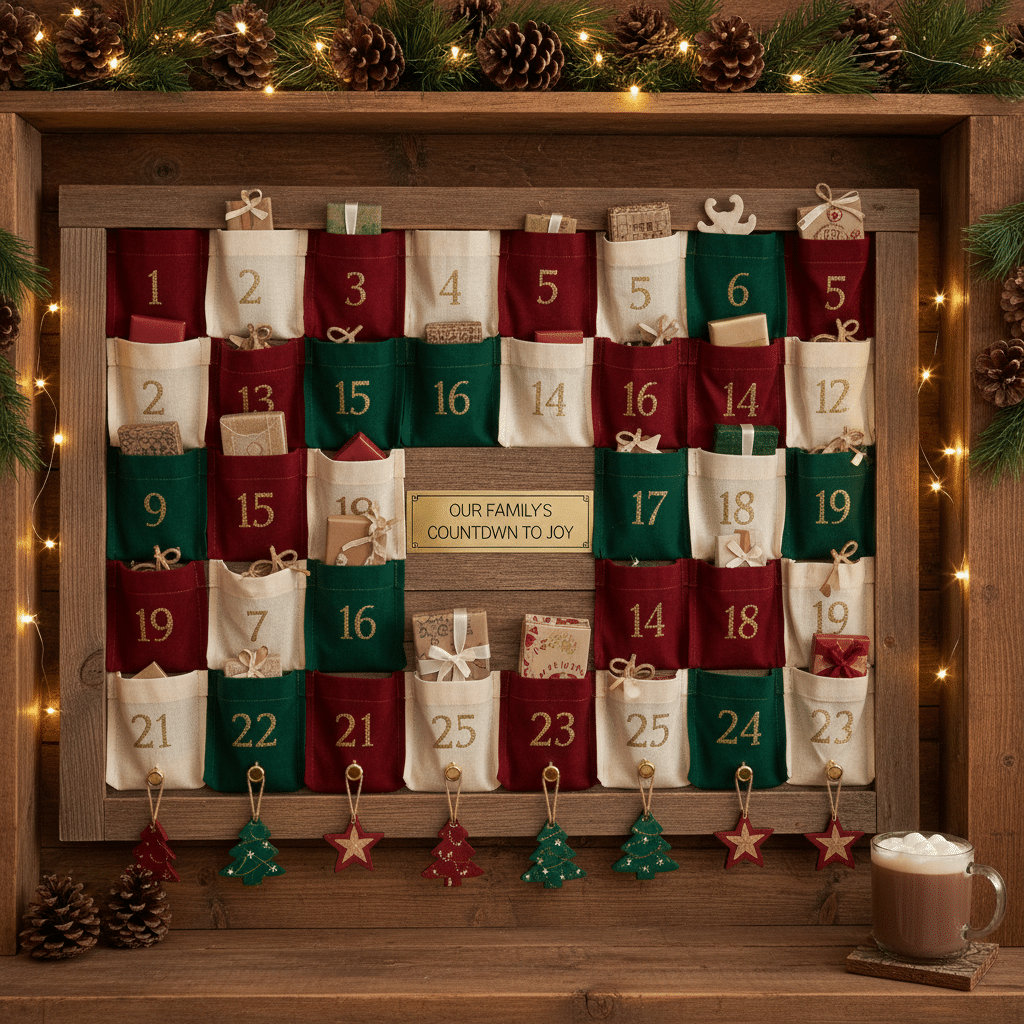 ai-photo-studio-1760298222771-2 Advent calendar with numbered pockets filled with gifts, surrounded by pine branches and lights, mug of cocoa nearby. | Sky Rye Design Advent calendar with numbered pockets filled with gifts, surrounded by pine branches and lights, mug of cocoa nearby.