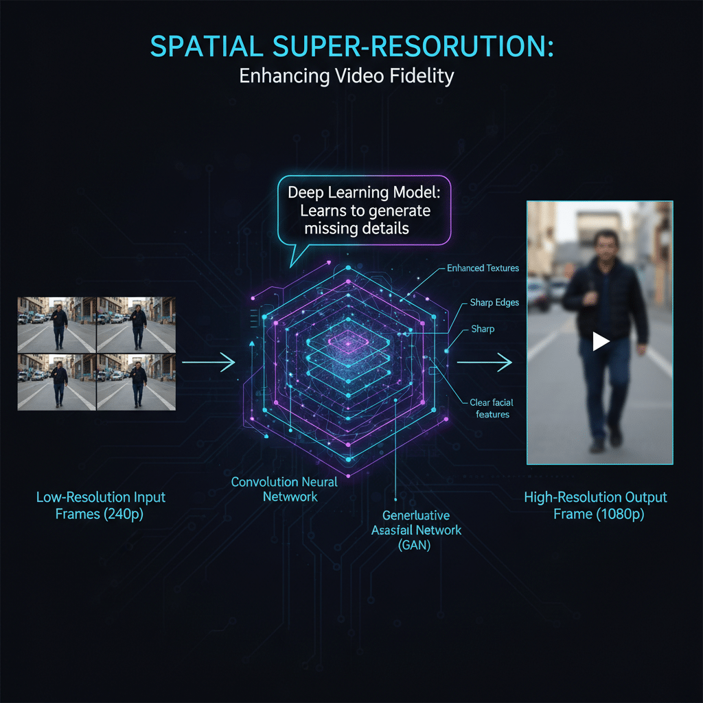 Diagram showing spatial super-resolution process, enhancing video fidelity from 240p to 1080p using deep learning and GAN.