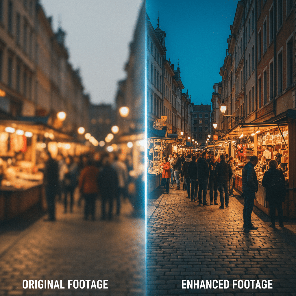 Comparison of market street: original blurry vs enhanced clarity with vibrant details and colors at night.