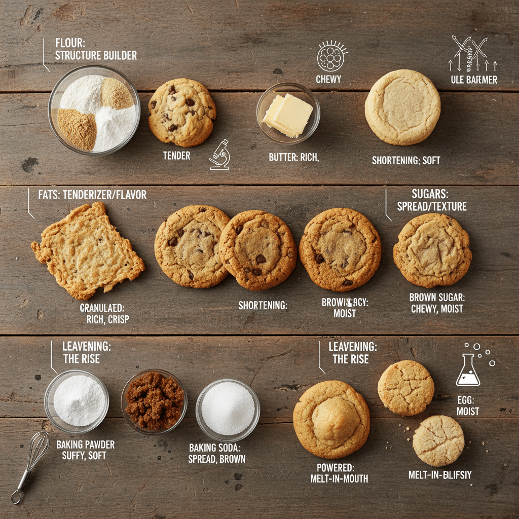 Cookie baking ingredients and results showing effects of flour, fats, sugars, and leavening agents on texture and flavor.