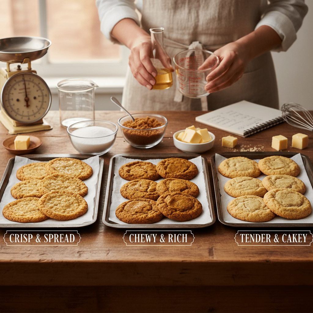 Person baking different cookie types: crisp, chewy, tender options on trays with ingredients.
