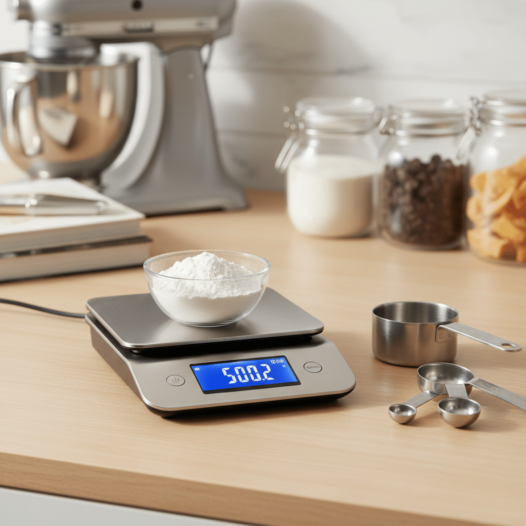 Digital kitchen scale measuring flour in glass bowl, with measuring cups and mixer in the background.