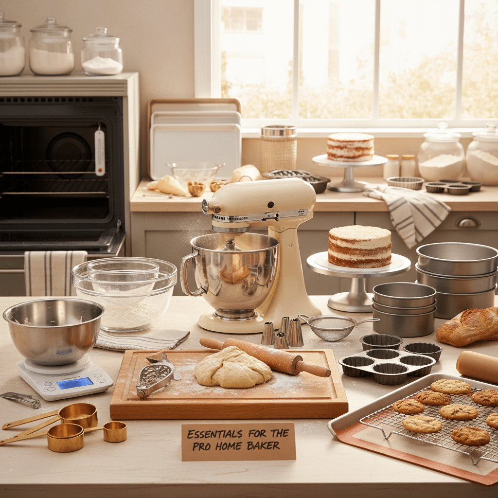 Home baking essentials: mixer, dough, cake pans, and fresh cookies in a cozy kitchen. Perfect for baking enthusiasts.