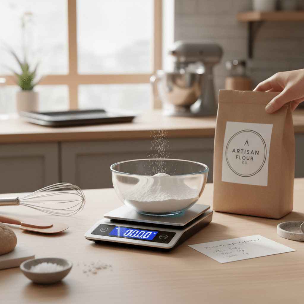 Pouring flour into a bowl on a digital kitchen scale, with baking tools and a recipe note on a wooden countertop.