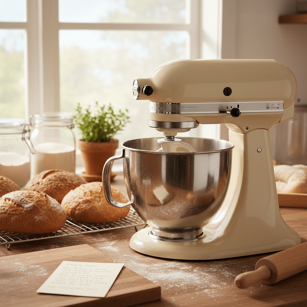 Cream-colored stand mixer on kitchen counter with fresh bread and baking ingredients.