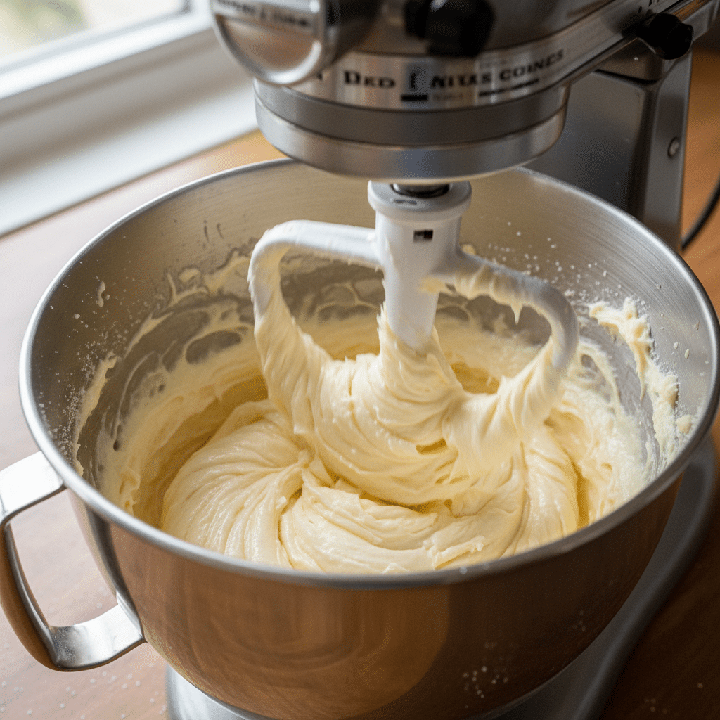 Stand mixer blending creamy cake batter in a stainless steel bowl near a sunny window.