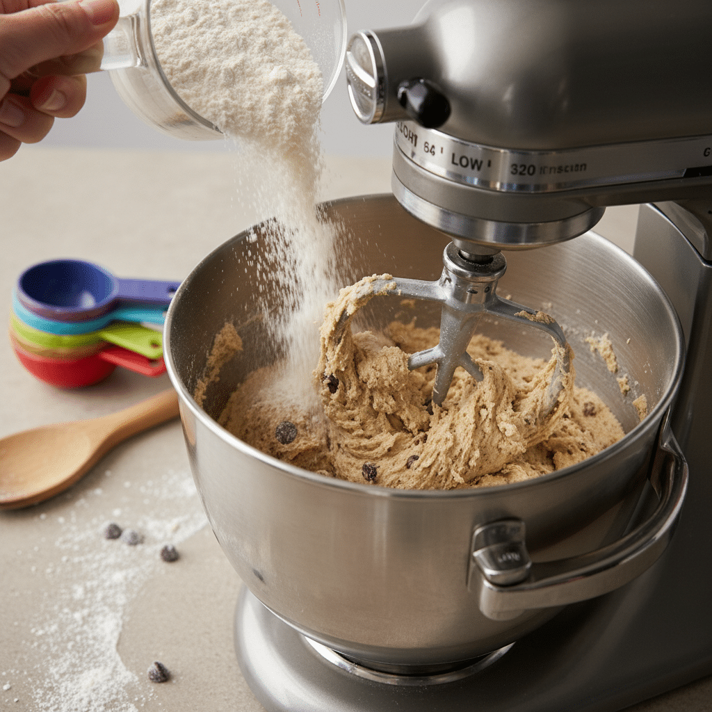 Mixing cookie dough with flour in a stand mixer, colorful measuring cups and a wooden spoon nearby.