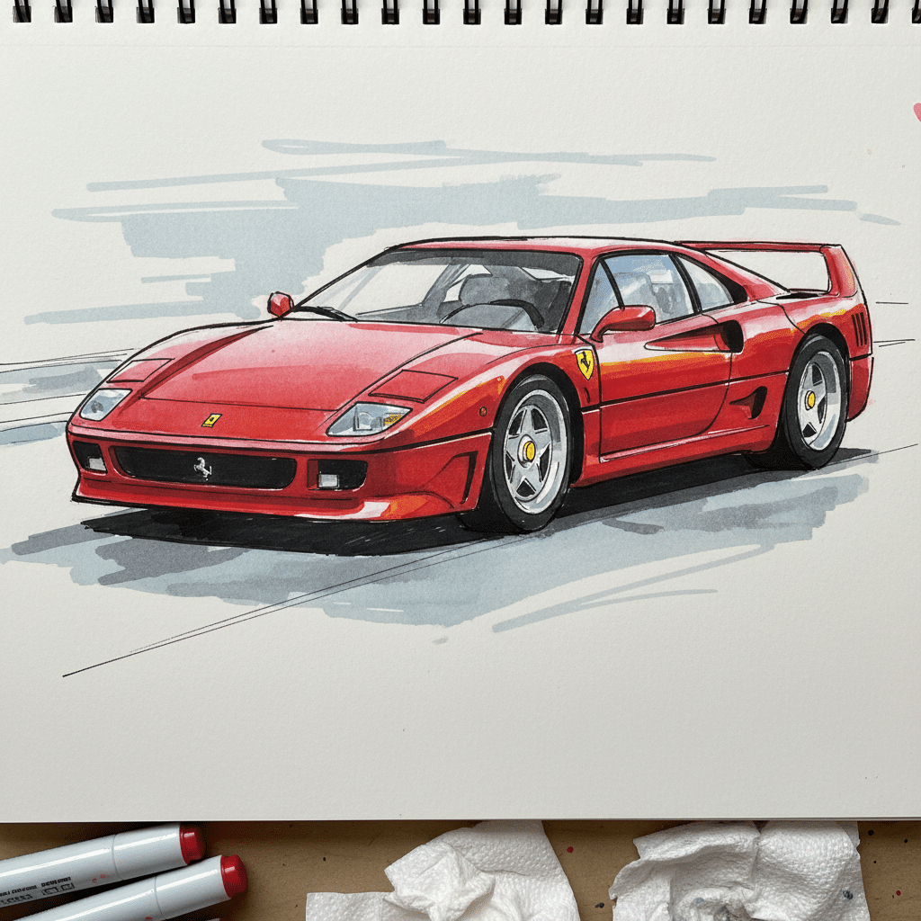 ai-photo-studio-1760379654481-2 Illustration of a red sports car resembling a classic Ferrari on a sketchpad, highlighting its sleek design. | Sky Rye Design Illustration of a red sports car resembling a classic Ferrari on a sketchpad, highlighting its sleek design.