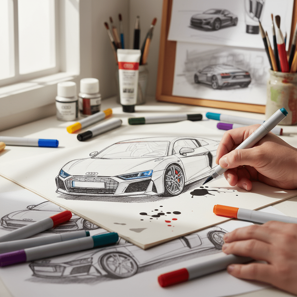 ai-photo-studio-1760379678110-1 Hand drawing a sleek sports car sketch with markers on a sunlit desk, surrounded by art supplies. | Sky Rye Design Hand drawing a sleek sports car sketch with markers on a sunlit desk, surrounded by art supplies.