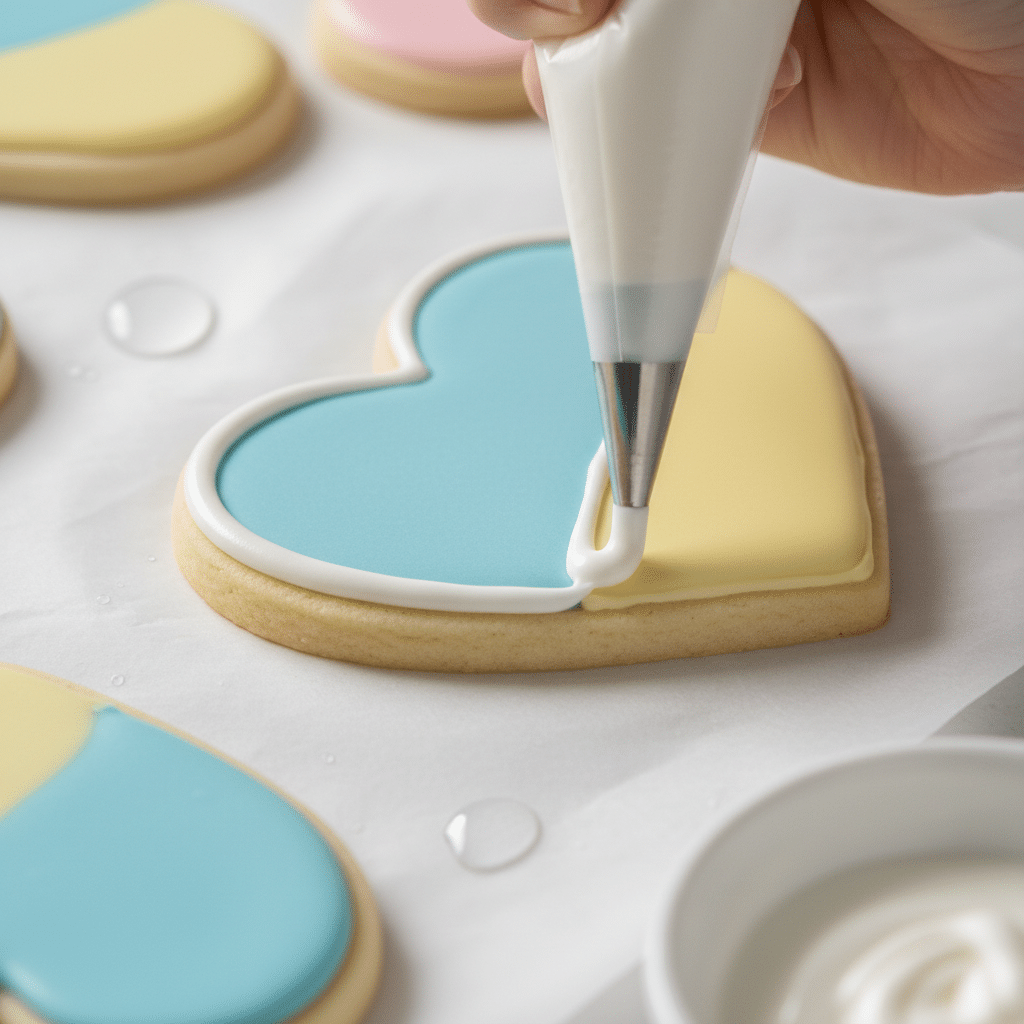 Heart-shaped cookie with pastel icing being decorated by hand using a piping bag on parchment paper.