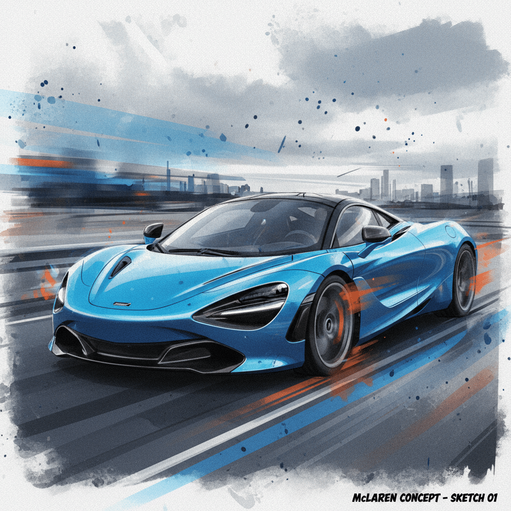 ai-photo-studio-1760379814307-2 Blue sports car concept sketch with blurred city background, dynamic design, and artistic splashes. | Sky Rye Design Blue sports car concept sketch with blurred city background, dynamic design, and artistic splashes.