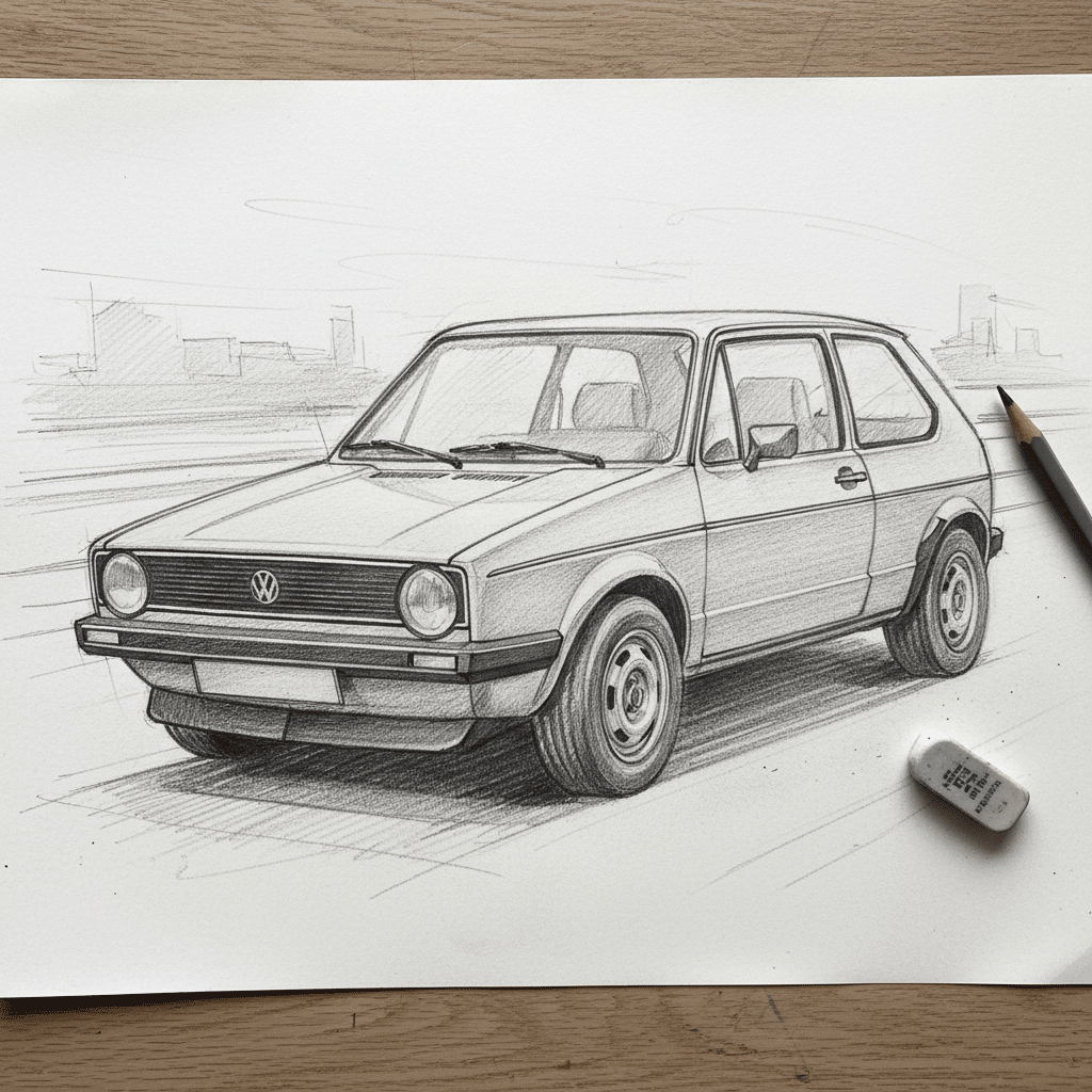 ai-photo-studio-1760380018747-1 Pencil sketch of a classic two-door hatchback car with detailed shading, pencil, and eraser on a wooden surface. | Sky Rye Design Pencil sketch of a classic two-door hatchback car with detailed shading, pencil, and eraser on a wooden surface.