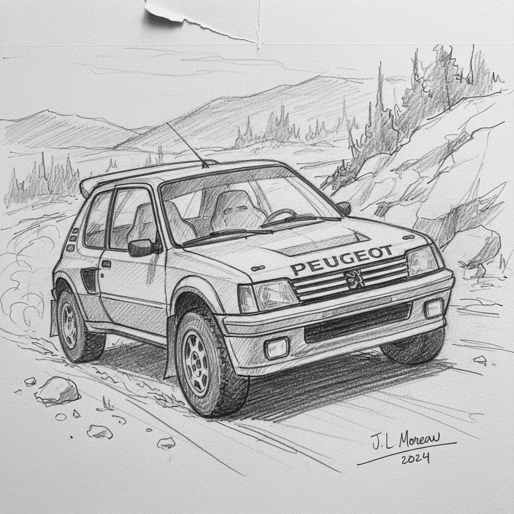 ai-photo-studio-1760380042918-1 Sketch of a classic Peugeot rally car on a mountainous dirt road, showcasing dynamic movement and rugged terrain. | Sky Rye Design Sketch of a classic Peugeot rally car on a mountainous dirt road, showcasing dynamic movement and rugged terrain.