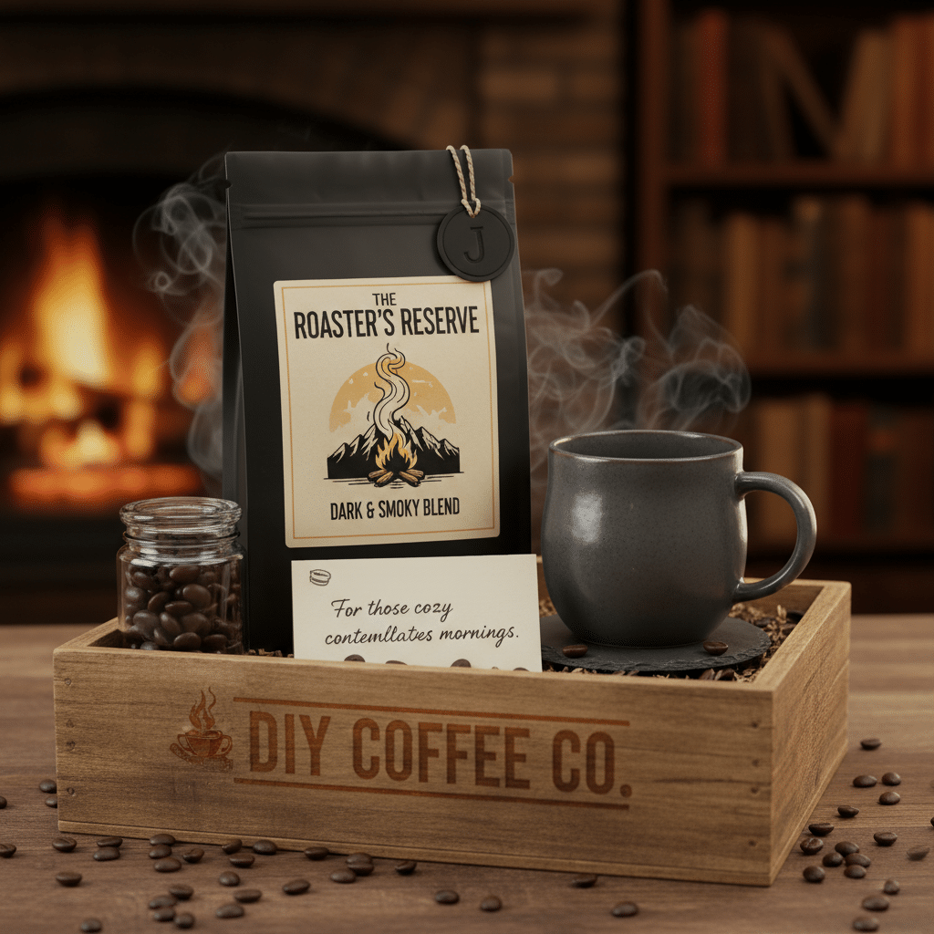 ai-photo-studio-1760382086174-1 Coffee gift set with Roaster's Reserve dark blend, cup, beans, and fireplace, perfect for cozy mornings. | Sky Rye Design Coffee gift set with Roaster's Reserve dark blend, cup, beans, and fireplace, perfect for cozy mornings.