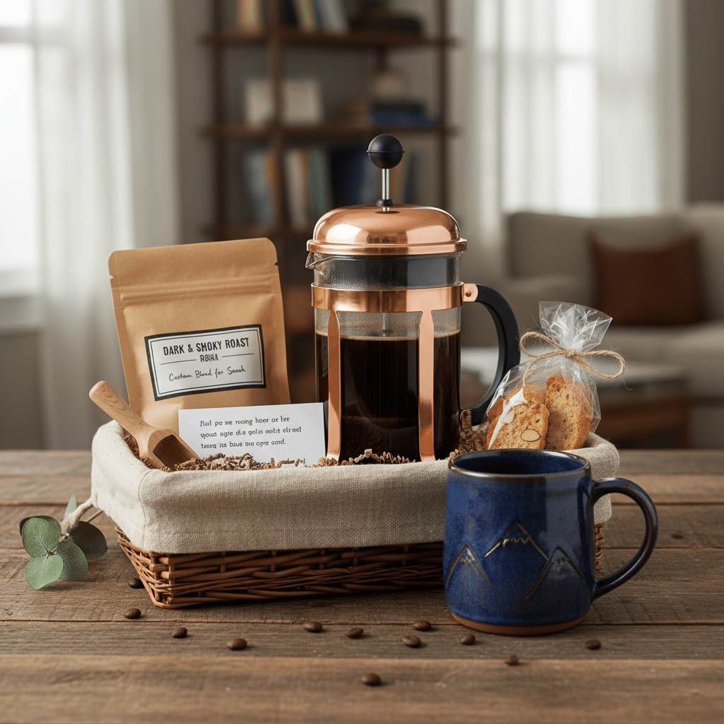 ai-photo-studio-1760382122642-1 Coffee gift set with French press, dark roast coffee, biscotti, and blue mug on a wooden table. Cozy living room backdrop. | Sky Rye Design Coffee gift set with French press, dark roast coffee, biscotti, and blue mug on a wooden table. Cozy living room backdrop.