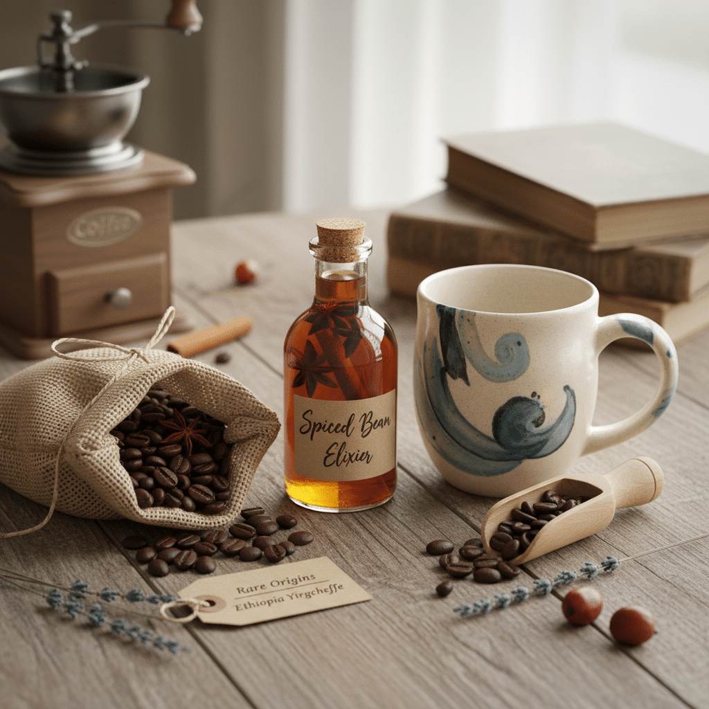 ai-photo-studio-1760382274126-1 Spiced coffee elixir, ceramic mug, coffee beans, grinder on rustic table with books and lavender sprigs. | Sky Rye Design Spiced coffee elixir, ceramic mug, coffee beans, grinder on rustic table with books and lavender sprigs.