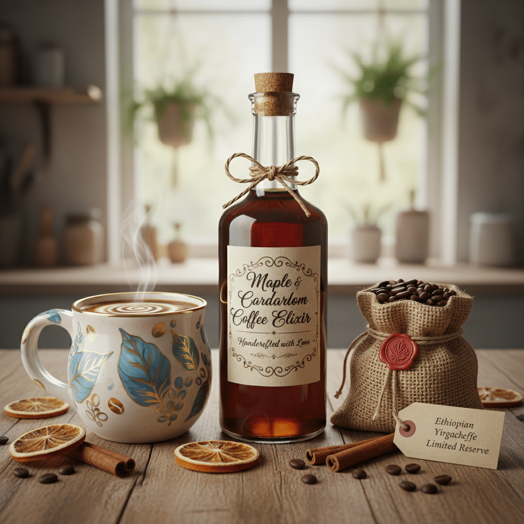 ai-photo-studio-1760382276510-2 Ceramic mug with latte, maple cardamom elixir bottle, Ethiopian coffee beans, dried oranges, cinnamon sticks. | Sky Rye Design Ceramic mug with latte, maple cardamom elixir bottle, Ethiopian coffee beans, dried oranges, cinnamon sticks.