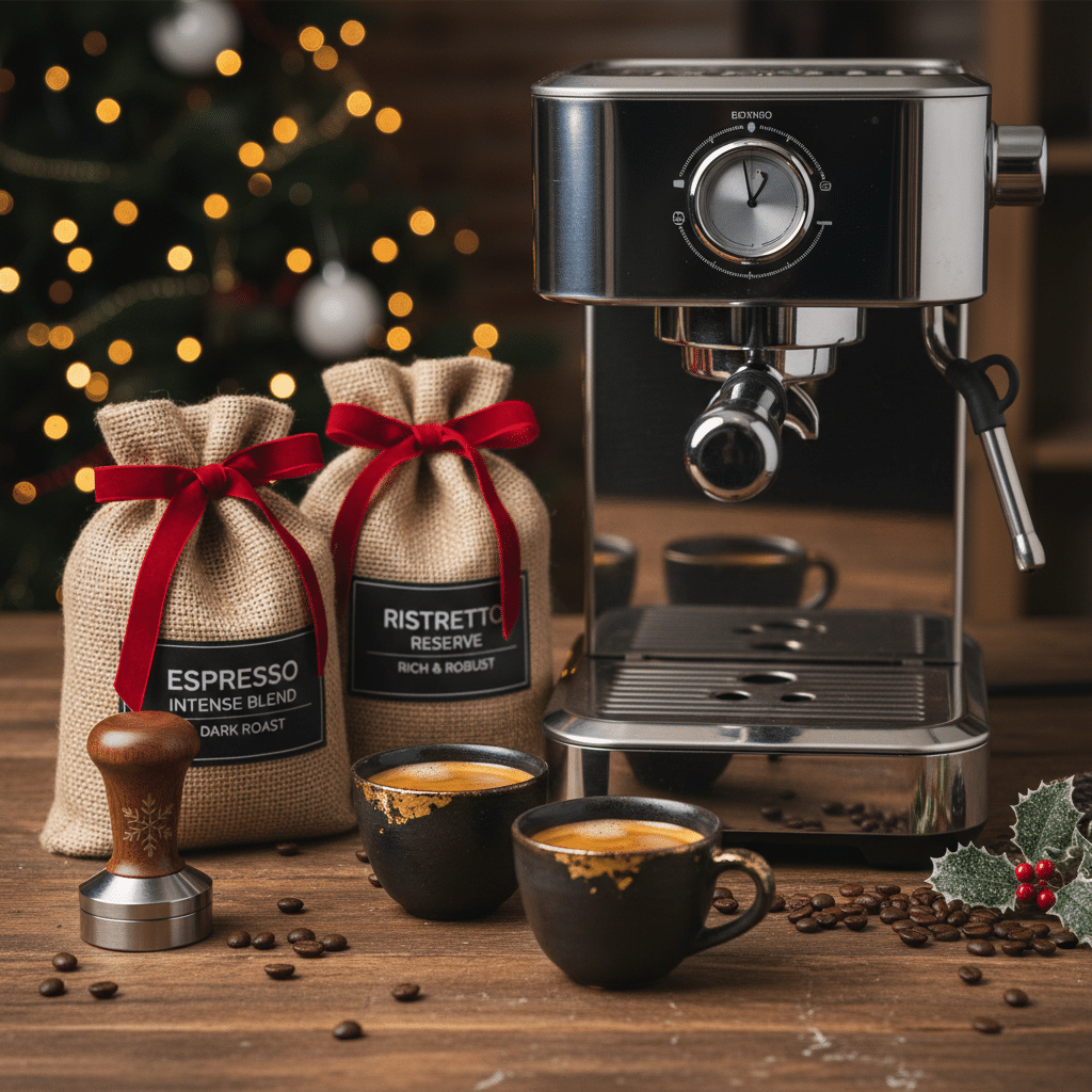 ai-photo-studio-1760382338263-1 Espresso machine with coffee bags and cups on a wooden table, with Christmas decor in the background. | Sky Rye Design Espresso machine with coffee bags and cups on a wooden table, with Christmas decor in the background.