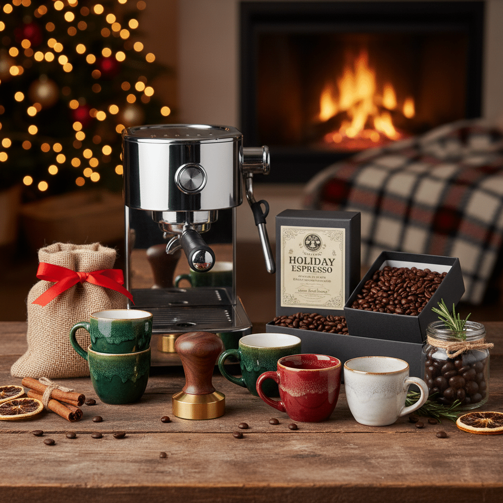 ai-photo-studio-1760382339743-2 Holiday espresso scene with coffee maker, cups, beans, and cozy fireplace in the background. Warm, festive atmosphere. | Sky Rye Design Holiday espresso scene with coffee maker, cups, beans, and cozy fireplace in the background. Warm, festive atmosphere.