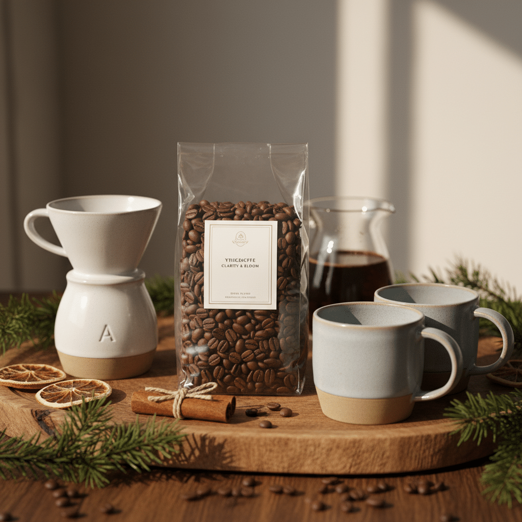 ai-photo-studio-1760382380605-1 Bag of coffee beans with mugs, pour-over set, and festive decor on a wooden tray in warm sunlight. | Sky Rye Design Bag of coffee beans with mugs, pour-over set, and festive decor on a wooden tray in warm sunlight.