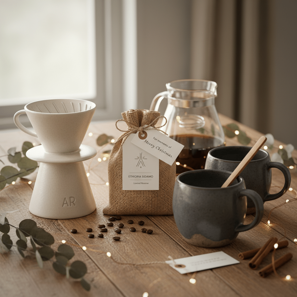 ai-photo-studio-1760382382071-2 Cozy Christmas coffee scene with Ethiopia Sidamo beans, drip set, and mugs on a wooden table, adorned with lights. | Sky Rye Design Cozy Christmas coffee scene with Ethiopia Sidamo beans, drip set, and mugs on a wooden table, adorned with lights.