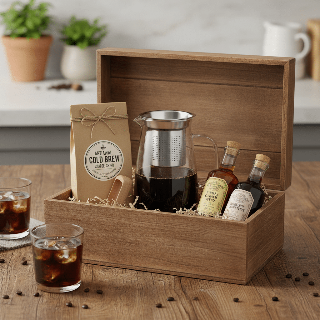 ai-photo-studio-1760382427774-1 Wooden gift box with artisanal cold brew coffee set, including grinder, glass jug, and syrup bottles on kitchen counter. | Sky Rye Design Wooden gift box with artisanal cold brew coffee set, including grinder, glass jug, and syrup bottles on kitchen counter.