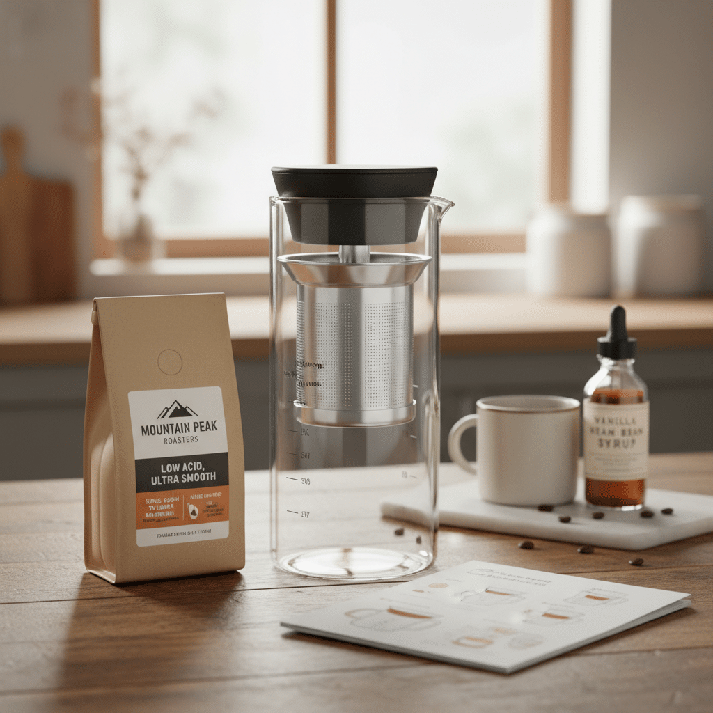 ai-photo-studio-1760382429306-2 Coffee brewing setup with Mountain Peak beans, cold brew maker, vanilla syrup, and mug on kitchen counter. | Sky Rye Design Coffee brewing setup with Mountain Peak beans, cold brew maker, vanilla syrup, and mug on kitchen counter.