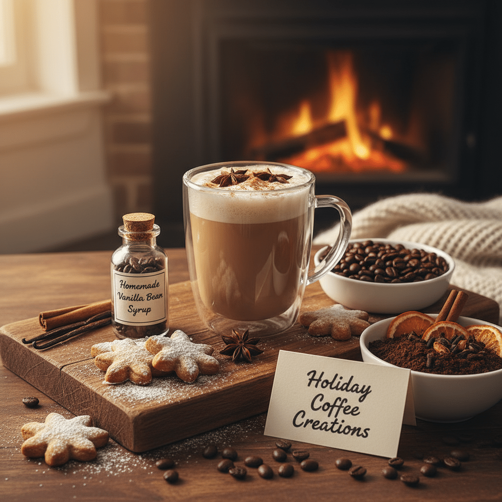 ai-photo-studio-1760382474174-1 Cozy holiday coffee with vanilla bean syrup, star anise, and cookies by the fireplace. Perfect for festive warmth. | Sky Rye Design Cozy holiday coffee with vanilla bean syrup, star anise, and cookies by the fireplace. Perfect for festive warmth.