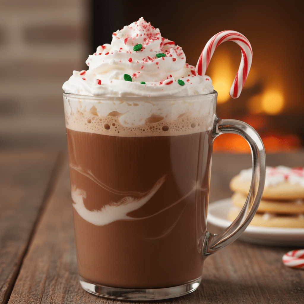 ai-photo-studio-1760382475637-2 Hot chocolate with whipped cream and candy cane on table, cozy fireplace background. Holiday drink treat. | Sky Rye Design Hot chocolate with whipped cream and candy cane on table, cozy fireplace background. Holiday drink treat.