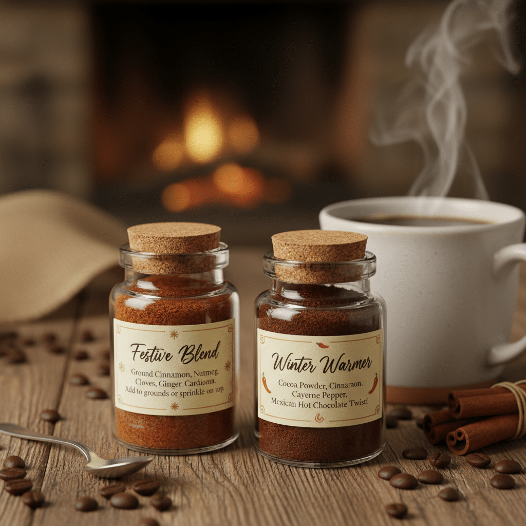 ai-photo-studio-1760382610357-1 Spice jars labeled Festive Blend and Winter Warmer with a steaming cup of coffee by a cozy fireplace. | Sky Rye Design Spice jars labeled Festive Blend and Winter Warmer with a steaming cup of coffee by a cozy fireplace.