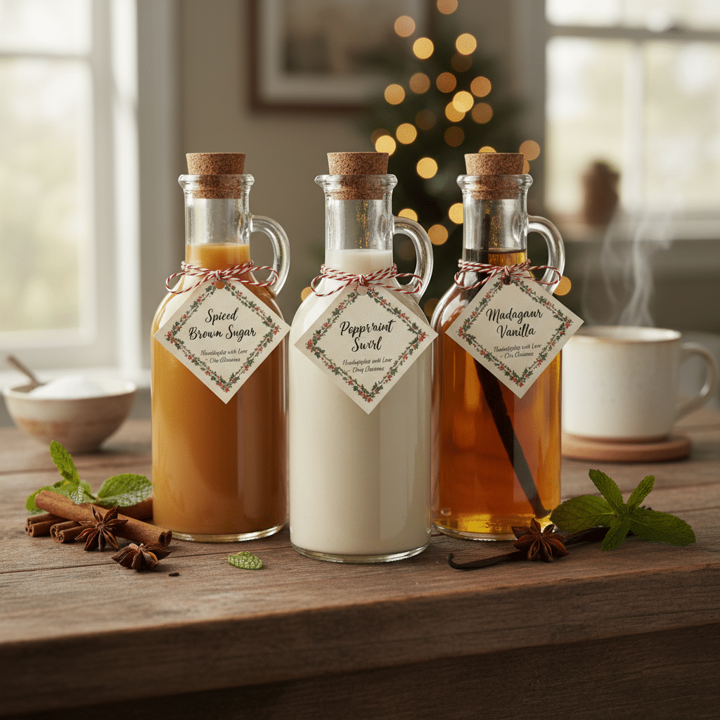 ai-photo-studio-1760384233009-1 Homemade holiday coffee syrups with spiced brown sugar, peppermint, and Madagascar vanilla on a festive kitchen table. | Sky Rye Design Homemade holiday coffee syrups with spiced brown sugar, peppermint, and Madagascar vanilla on a festive kitchen table.