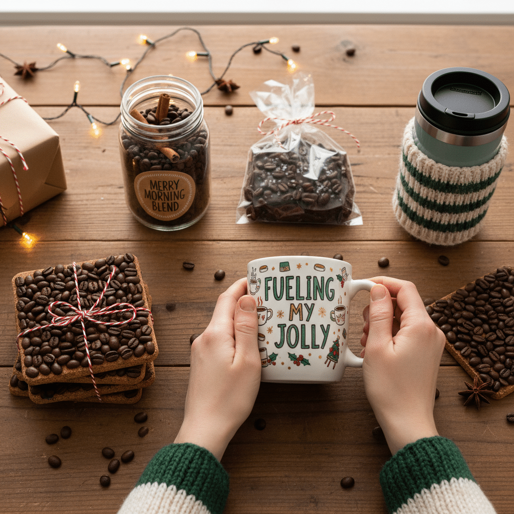 ai-photo-studio-1760384234526-2 Hands holding festive mug with Fueling My Jolly design, surrounded by coffee beans and holiday gifts on a wooden table. | Sky Rye Design Hands holding festive mug with Fueling My Jolly design, surrounded by coffee beans and holiday gifts on a wooden table.