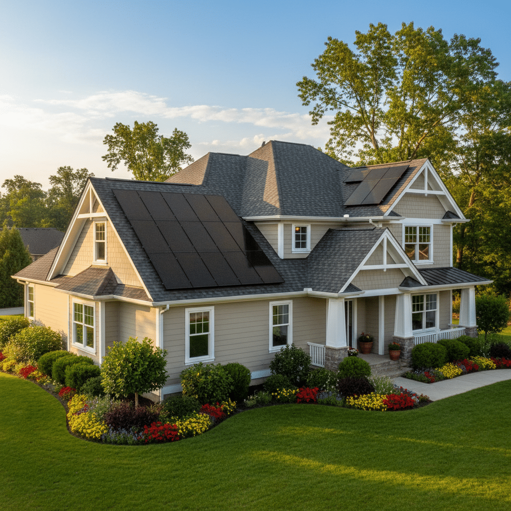 ai-photo-studio-1760439705088-1 Modern house with solar panels on roof, lush garden, and manicured lawn, showcasing sustainable living. | Sky Rye Design Modern house with solar panels on roof, lush garden, and manicured lawn, showcasing sustainable living.