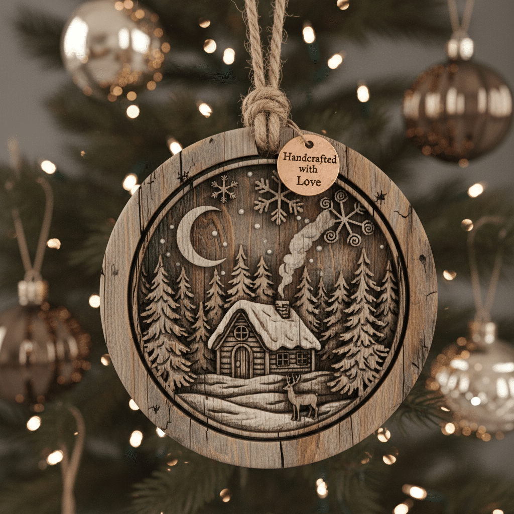 Wooden Christmas ornament depicting a snowy cabin scene with trees, moon, deer, and a Handcrafted with Love tag.