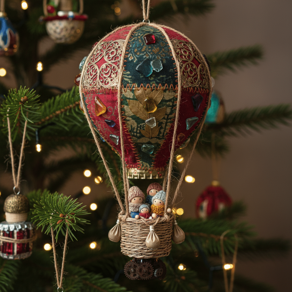 Handcrafted hot air balloon ornament on a Christmas tree, adorned with colorful gems and festive lights.